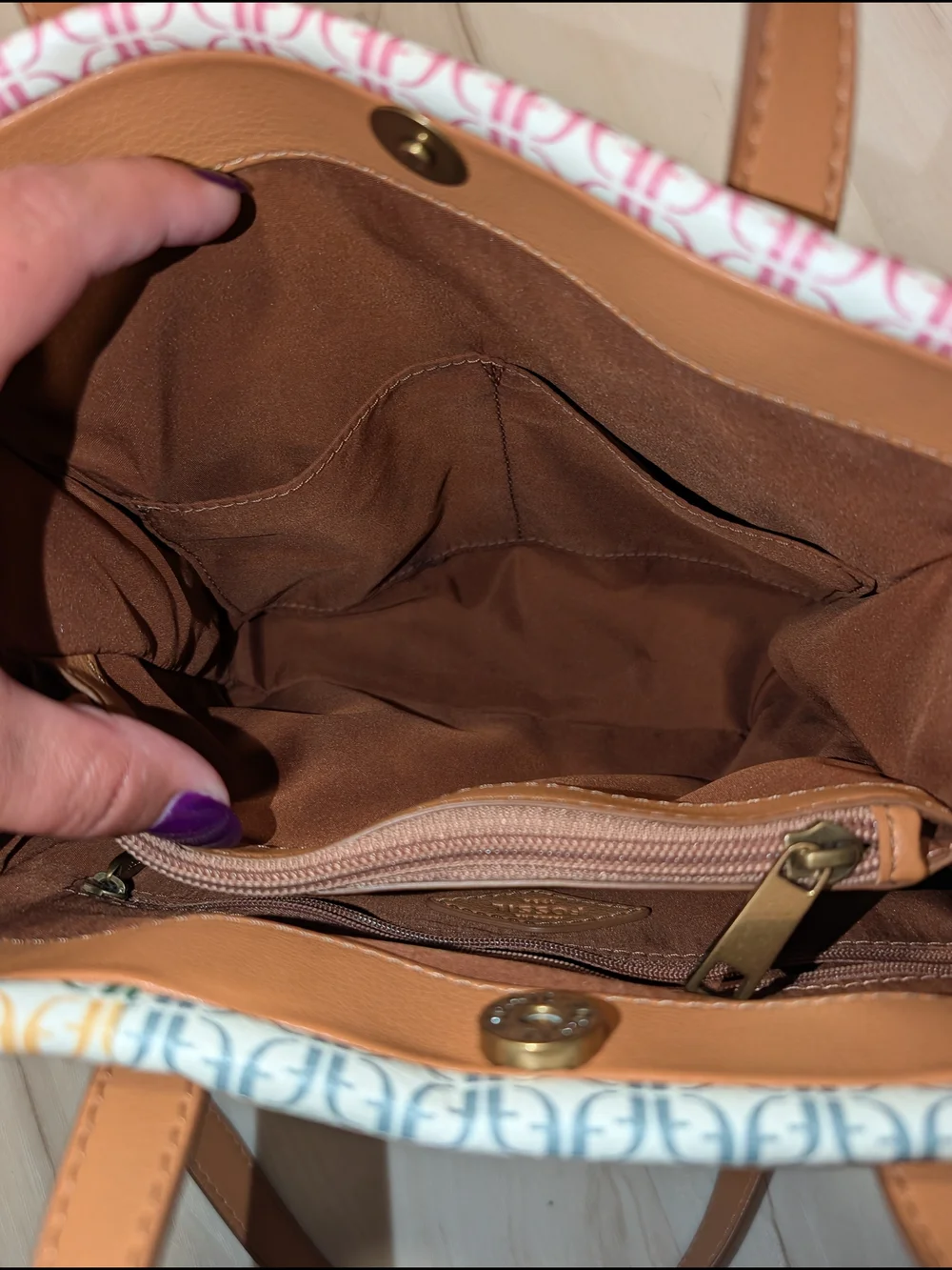 Fossil Kingston Monogram Canvas Leather Crossbody Bag Tote Neutral Multi Color
